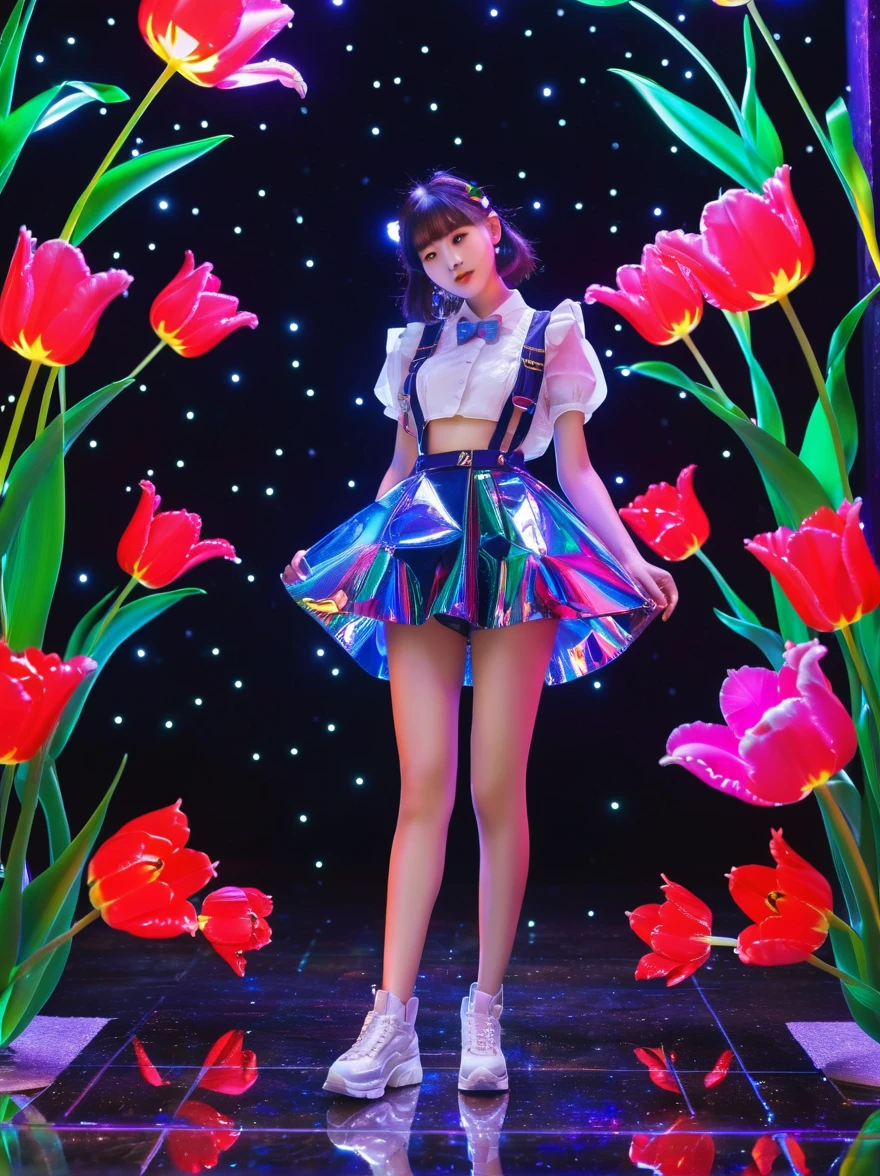 (3D，Mechanical feel，cute，ais-scrapyrd 1girl，Mechanical tulip)，(使用广角镜头拍摄whole body图像:1.9)，(masterpiece:1.1)，(Highest quality:1.1)，(HDR:1.0)，Ambient Light，Ultra high quality，(Ultra-detailed original illustrations)，(1 Girl，whole body)，(Rainbow Skirt)，(Slender thighs)，(Shoes made from tulip flowers: 1.5)，((Harajuku Fashion))，((Tulip flower with human eyes，Eye disease))，Double Exposure，Fusion of Fluid Abstract Art，Fault，(Original illustration composition)，(Limited color blending，Extreme art style，Geometric artstyle), , Colorful neon lights，High-tech mechanical parts，Metal body，Detailed Vibranium Flower Design，Vibrant colors，Dynamic glowing flowers，Reflective metal surface，Bright environment，Dynamic poses，Exquisite existence，Skills Improvement，Interlocking mechanical gears，Stylish design，motion blur effect，Detailed metal treatment，Sci-fi atmosphere，Streamlined aerodynamic shape，Laser scanning pattern，Holographic projection，LED light track，Beautiful and unforgettable，Advanced sensors，Complex algorithms，Ominous and mysterious atmosphere，Electric Spark，Shiny chrome，Propulsion systems of the future，(Best quality，8k，high resolution，masterpiece:1.2)，Super detailed，(whole body:1.8), magazine photography，一个cute的女孩形象，Popular on social platforms，((Dopamineism))，(((Dopamine color matching)))，Dopamine，(in the style of Y2K)，Luo Erchun，3D古风，Oriental poetry and painting