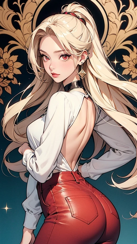 Detailed illustration in anime style. Young woman with long flowing platinum blonde hair. Intense and seductive expression with piercing red eyes. Slightly flushed cheeks. She wears an elegant, form-fitting white outfit decorated with an intricate golden Art Nouveau pattern. The outfit includes a backless, long-sleeved top and high-waisted pants. In her right hand she holds a red dagger, near her waist. Her left hand is relaxed at her side. Her body is posed sideways, looking over her shoulder. She has a glossy butt, and large red earrings. Overall, the look is fierce and elegant, with a strong emphasis on the intricate details and glittering elements of the clothing.Anatomically correct, 