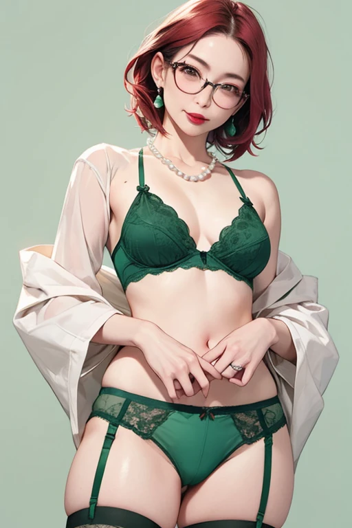 Beautiful mature Japanese woman aged 55, Married women, Long eyelashes, Bob Hair, Red Hair, Red lipstick, Pink Cheeks, Pearl Necklace, Earrings, Dark eyeshadow, wear glasses, Green bra, Green panties, Green garter stockings, Sexy pose, Green background, Pussy, Browsing Caution