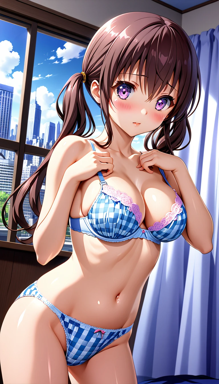 Absurd, ((masterpiece)), ((Highest quality)), (((Cowboy Shot))), (anime:1.4), (Super Detail:1.2), (High resolution:1.3), (Professional photography:1.3), (❤️🖤💗💔), One girl, Early s, Shiny Hair, (Loose bangs),break, (((Dark brown hair))), Twin tails, break, ((Golden hair tie)), Long Hair, break, Lavender eyes, ((Almond Eyes)), (Long eyelashes), Kind eyes, blush, ((Large Breasts)), , Light blue checkered panties and bra、 Bare arms, , Kneel, blush, city, Bedroom, window, Curtain Information Back view、Buckshot、Shooting from behind