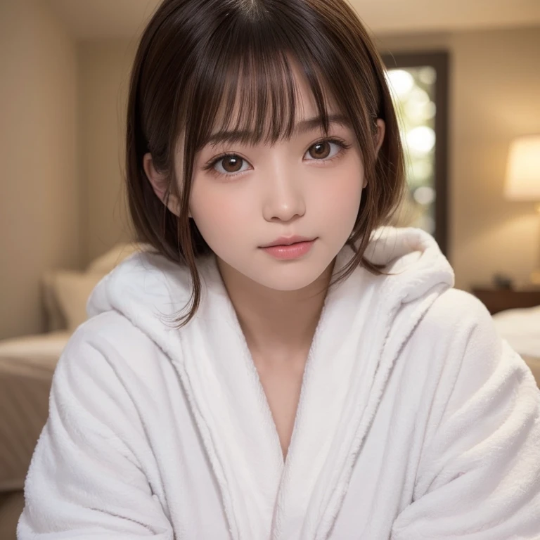 masterpiece, highest quality, one girl, (beautiful girl, delicate girl:1.3), (:1.3), very fine resolution, (symmetrical eyes:1.3), (Bedroom:1.2), (white bathrobe, cute、good:1.3), small breasts, brown eyes, parted bangs, brown hair, petit girl, (Eye and face details:1.1), (upper teeth, best smile:0.1), (get closer to the face, zoom in on the face, face focus:1.2)