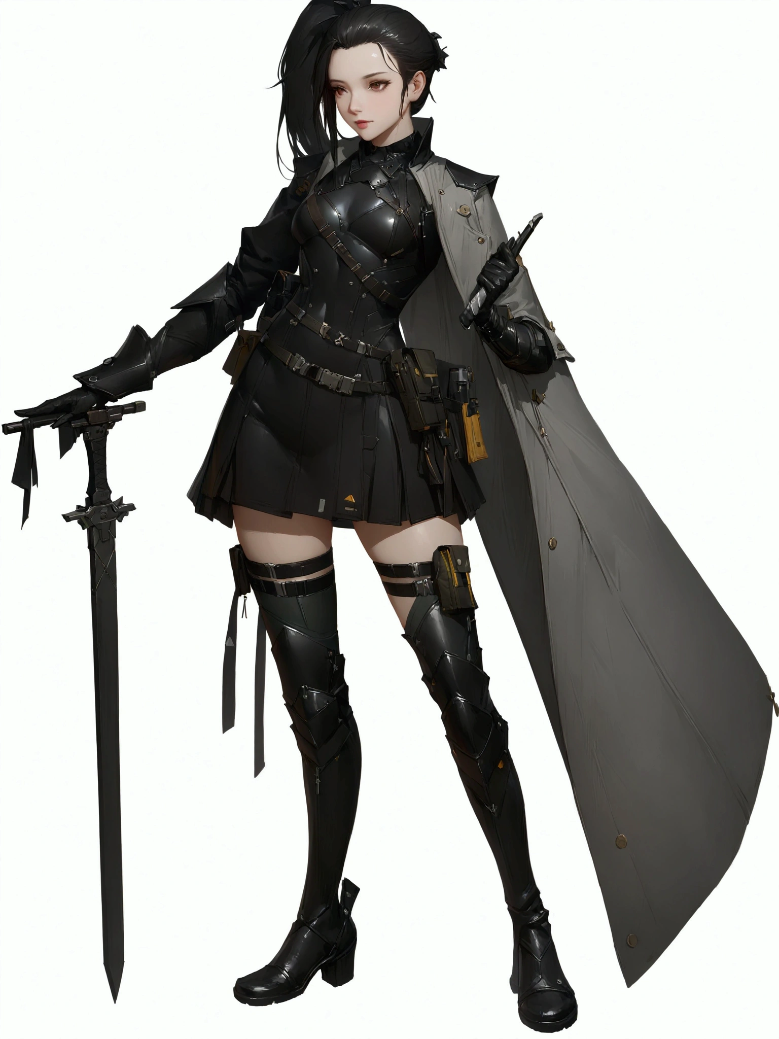 a close up of a person in a costume holding a sword, (ponytail forehead hair pulled back:1.3), (black hair:1.3), from girls frontline, girls frontline style, fine details. girls frontline, from arknights, girls frontline cg, guweiz on pixiv artstation, guweiz on artstation pixiv, pale black armor, noire, inspired by Li Chevalier, female protagonist 👀 :8