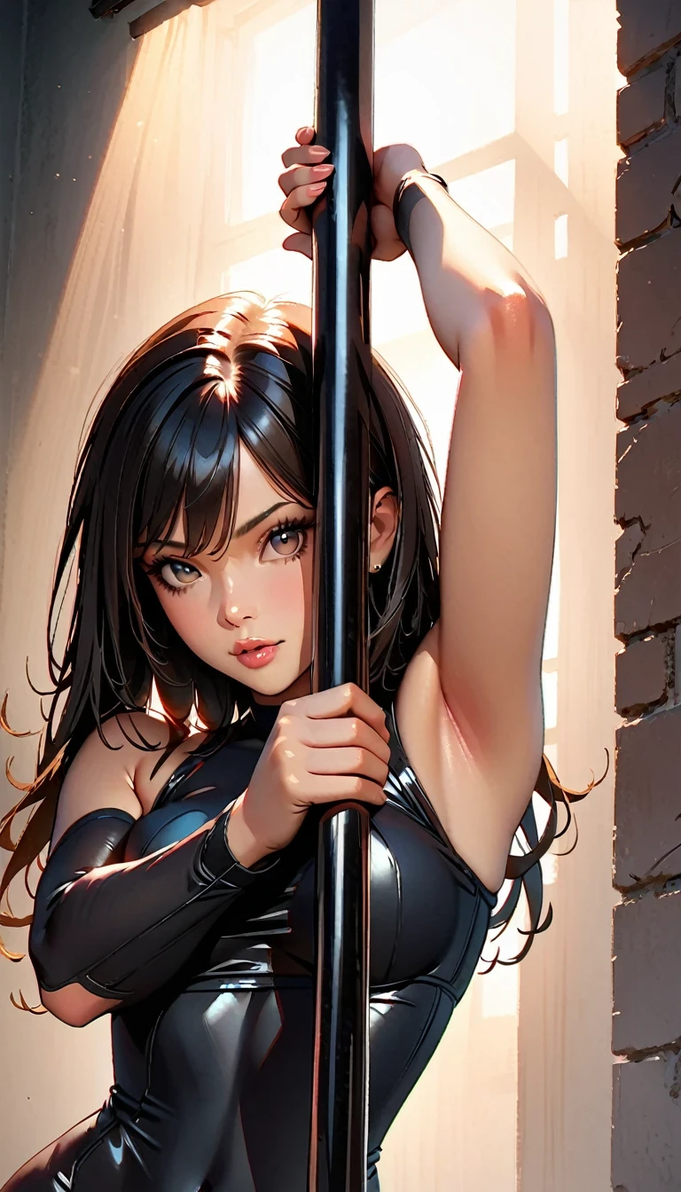 1girl, beautiful detailed eyes, beautiful detailed lips, extremely detailed face and features, long eyelashes, pole dancer, dancing on pole, athletic body, flexible pose, black and white photography, chiaroscuro lighting, dramatic shadows, high contrast, moody, dramatic atmosphere, (best quality,8k,highres,masterpiece:1.2),ultra-detailed,(realistic,photorealistic:1.37),intricate details,chiaroscuro lighting,dramatic shadows,high contrast,moody,dramatic atmosphere