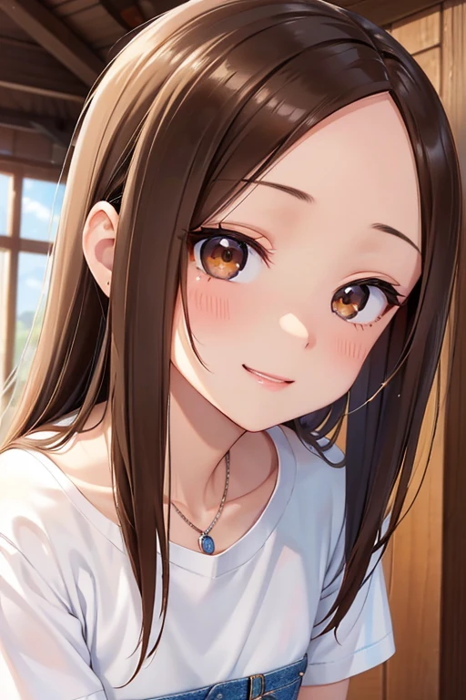 Takagi-san、Shiny brown hair, Straight Long Hair,((Medium chest、Forehead、Center part))、 Beautiful brown eyes、smile、Sparkling eyes, (fine grain)、Very fine eye、Highly detailed face, Highly detailed eyes, Cowboy Shot、
(masterpiece:1.3)、Very nice finish、(High resolution、8k:1.3)、(Highest quality)、
Sharp focus, 超High resolutionの顔、The face is in focus、Ultra high definition and beautiful eyes、Eyes are symmetrical:1.3、High quality and beautiful skin、Firm Skin、Face close-up、22 years old、(T-Shirts、jeans:1.3)、(expose your shoulders:1.1)、very cute、very cute、Natural Makeup, Glossy Lips、Observe the audience、、(Strange Expressions), Happy look、blush:1.3, Embarrassing:1.3、Thin Necklace、Looking into the camera:1.2
