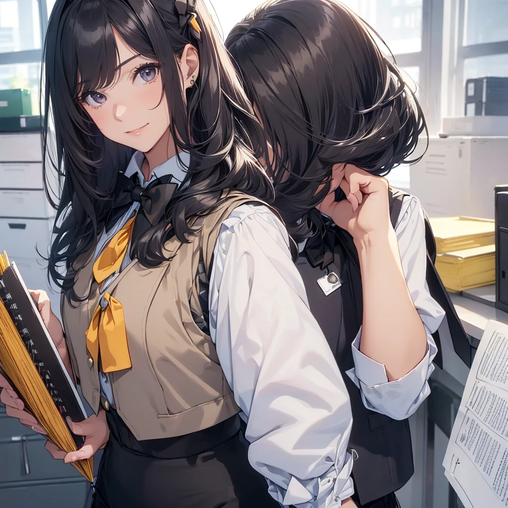 1 girl, Solo, 25 years old, Best Quality, Ultra-detailed, 8K, High resolution, Detailed face, from below, black hair, (((half up))), light smile, happy, (((office leady, office uniform, vest, bowtie, pencil skirt, ID card))), in the office, holding a bundle of papers,