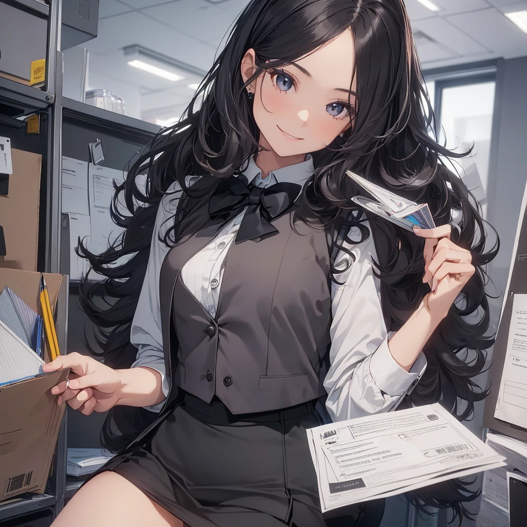 1 girl, Solo, 25 years old, Best Quality, Ultra-detailed, 8K, High resolution, Detailed face, from below, black hair, (((half up))), light smile, happy, (((office leady, office uniform, vest, bowtie, pencil skirt, ID card))), in the office, holding a bundle of papers,