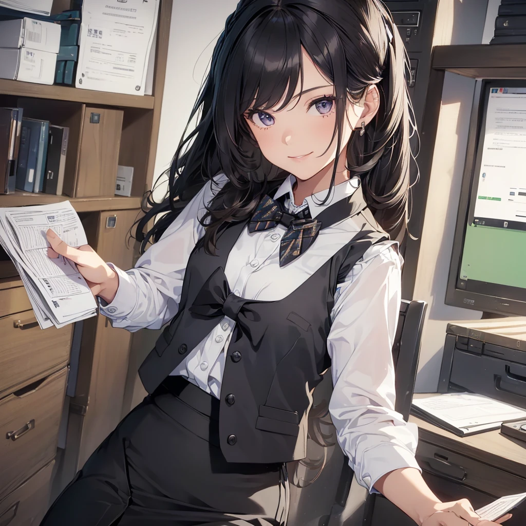 1 girl, Solo, 25 years old, Best Quality, Ultra-detailed, 8K, High resolution, Detailed face, from below, black hair, (((half up))), light smile, happy, (((office leady, office uniform, vest, bowtie, pencil skirt, ID card))), in the office, holding a bundle of papers,