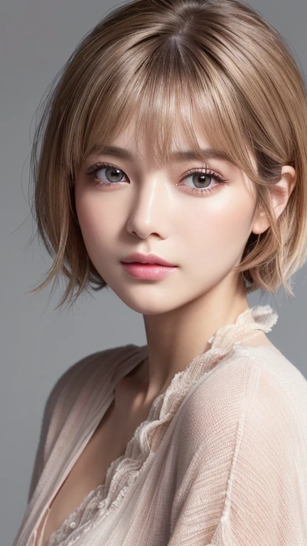 high resolution portrait。With a symmetrical face、Have clear, smooth skin and a radiant complexion。The facial features are well defined、((Big eyes、Short nose、Characterized by plump lips))。(Eyes are large、They have long, thick eyelashes and round eyes.、Have perfectly trimmed, thick eyebrows)。overall「cute」Impressive facial features。The makeup is natural yet sophisticated.、Light foundation、Pink blush、Subtle contouring、Neutral eyeshadow、A Sprinkle of Highlights、Uses soft pink lipstick。((Her hair is a shaggy pixie cut、Has a soft texture around the face))、wearing delicate jewelry。The background is simple and elegant.、The focus is on her face.。The lighting is soft and inviting、Enhance her features、It gives a fresh impression。