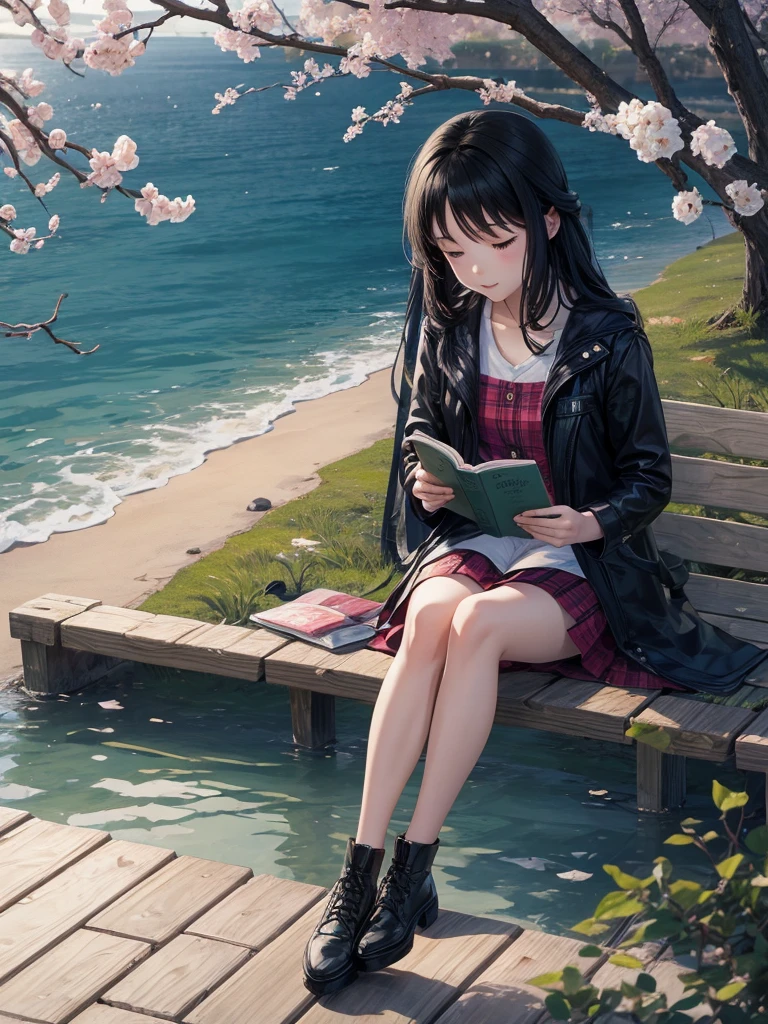 Girl reading a book by the lake, Bright colors, spring, Willow Branch, comfortable, Warm sunshine