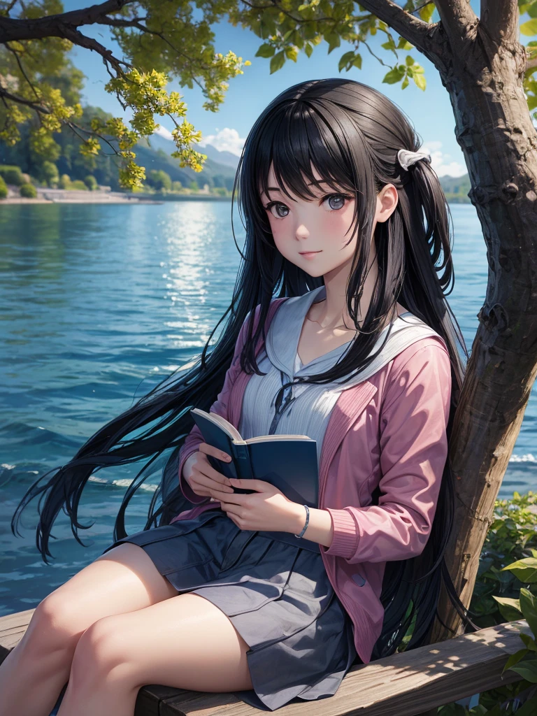 Girl reading a book by the lake, Bright colors, spring, Willow Branch, comfortable, Warm sunshine