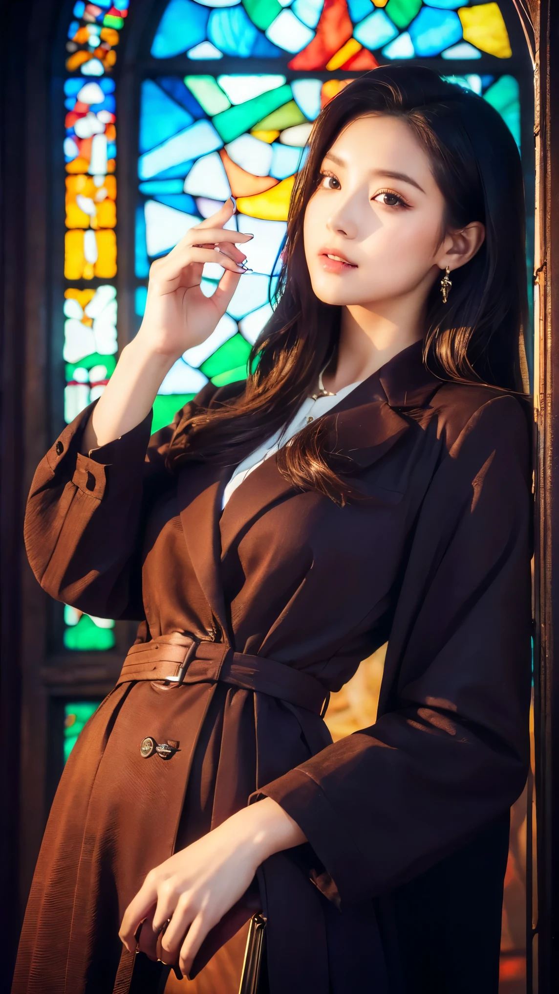 (((Best quality, 8k, Masterpiece: 1.3)), ((best quality)), ((masterpiece)), (detailed), perfect face, high resolution, ultra high res, (photorealistic:1.4), Textured skin, Vintage jacket suit, Woman with dark hair, long hair reaching down to her waist, She is wearing a red ruby ​​ring on her right ring finger, Turn away, Background (stained glass, church)