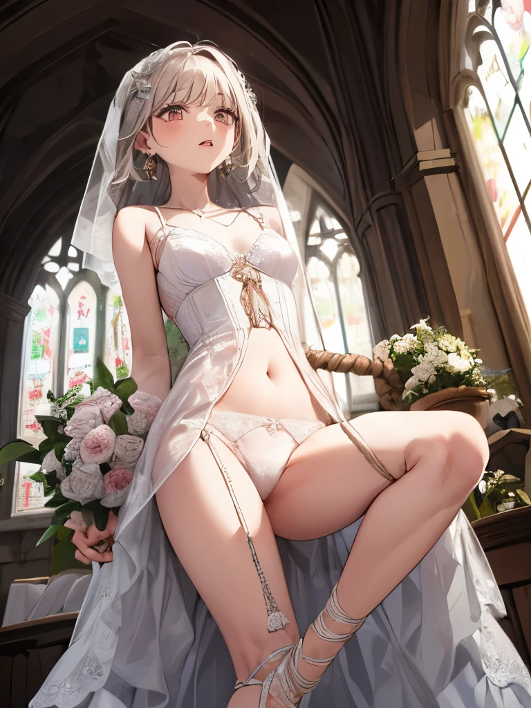 Angle from below, (((Round face))), Droopy eyes, Realistic Skin, Small earrings, ((bride, Wedding dress, White Lingerie, Leg spread, She enjoys being tied up in rope and left alone, Ecstasy)), Open your mouth, blush, plant, At church, Broken window,