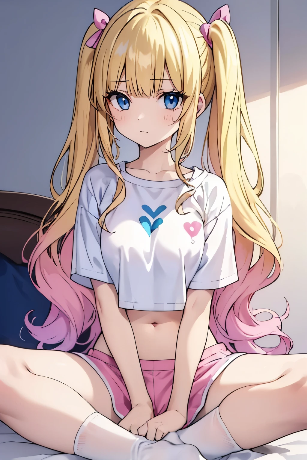 masterpiece, solo girl, (young female body:1.4), (small breasts), cowboy shot, flustered, yellow golden hair, extra gold long hair, thick wavy hair, hime cut, blunt bangs, crystal blue eyes, light blue detailed eyes, bedroom background, pink pyjamas, socks, pink pyjama pants, short sleeping shorts, white tank top, short oversized blue top, white heart crop top, short sleeves, wavy curly voluminous twintails, huge twin tails, voluminous curly hair, butterfly sitting, crossed legs, heart symbol, pink ribbon