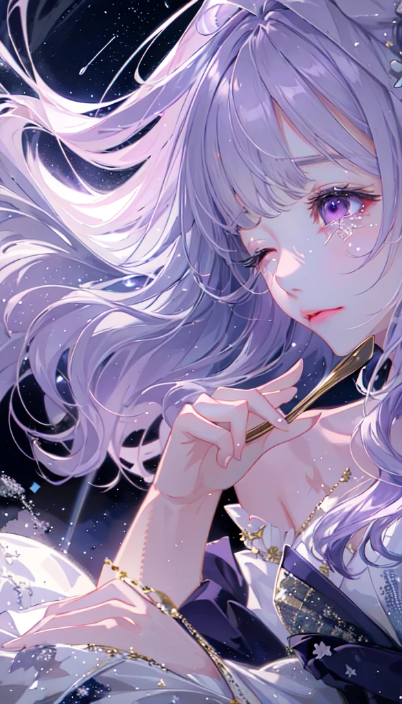 masterpiece, Highest quality, Movie stills, One girl, Floating in the sky, cloud girl, cloud, (close:1.1), , Soft lighting, Volumetric lighting, Sparkling, Sparkling, Swirl, Abstract, Expressive、tears、One girl, solo,Long Hair, Purple Hair、Sparkling、Pink eyes, Lens flare, Are crying、yukata、moonlight、Close your eyes and cry、Looking up at the sky
