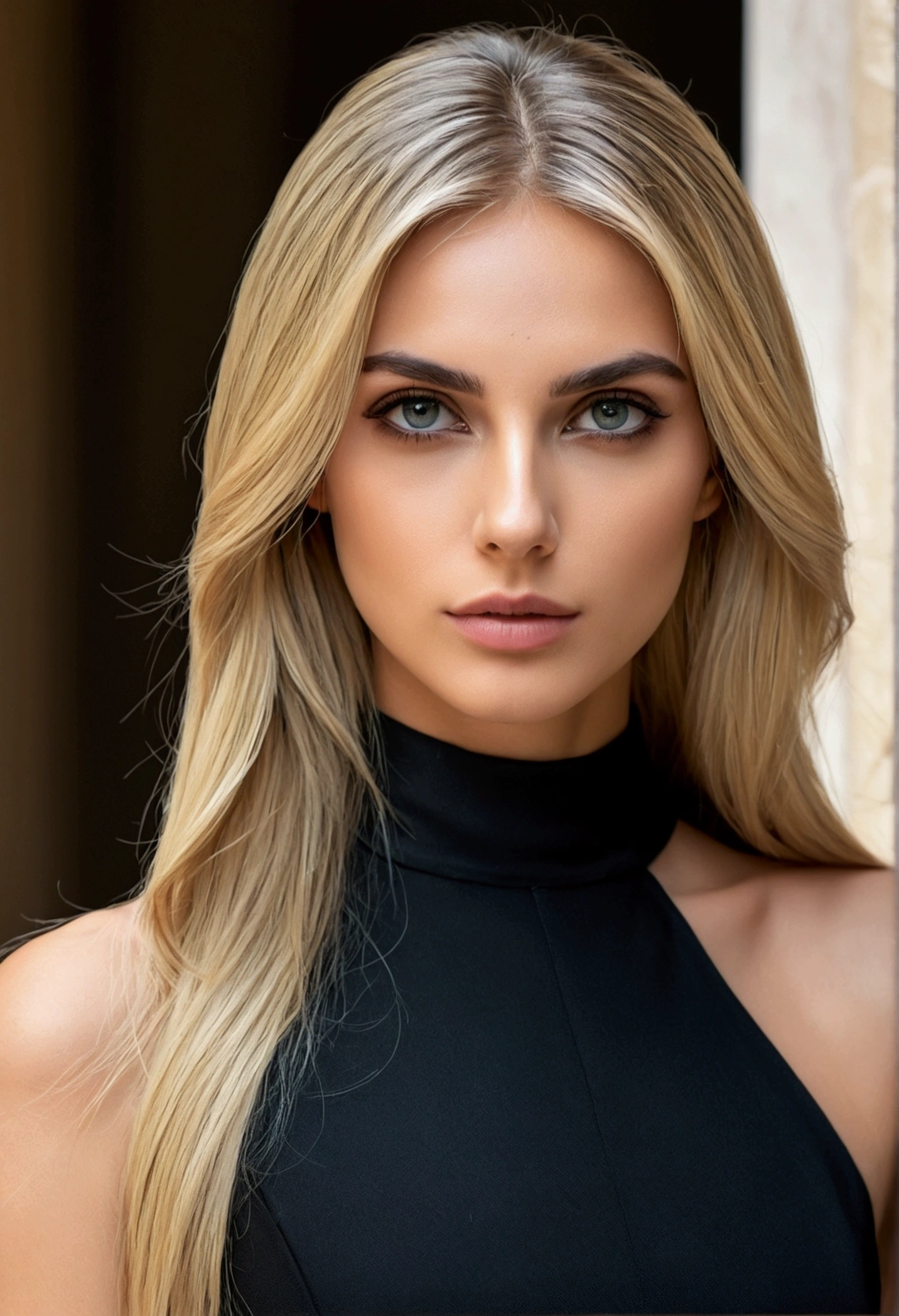 A realistic photo of beautiful italian woman model wear a black short dress ,light makeup, long straight blonde hair, high quality photo 4k, very detailed, perfect fit, looking at the camera, detailed face, detailed eyes