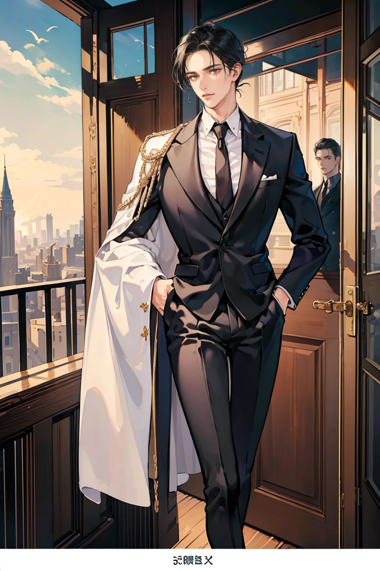 (masterpiece), Highest quality, Seductive eyes, Perfect Face, Handsome, Brown eyes, Long, slicked-back black hair, Long Nose, Brown Skin, suit, extremely Tall Man, Higher than the door, Long legs, Long calves, whole body, Tall Man, Long legs, Anime Cover, One boy,Mature appearance, Cafe Background
