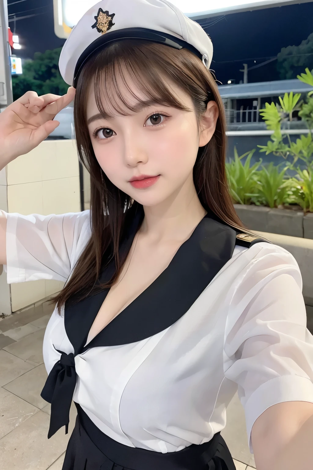 4K,8k,Masterpiece,Realistic),Super Resolution:1.3、Real、(Japanese:1.3)、 RAW Photos、(Realistic:1.7)、looking at the camera、Symmetrical face、(Beautiful face in every detail)、Good looking、Age 25、Japaneseアイドル、Beautiful eyes、Natural Makeup、Cleavage、smile、conductor、train、short hair、See-through、、Wear a white blouse、Show a little underwear、Bold behavior、Sexy Uniform、Uniform cap、Outdoor、Station platform、night、from above:1.5