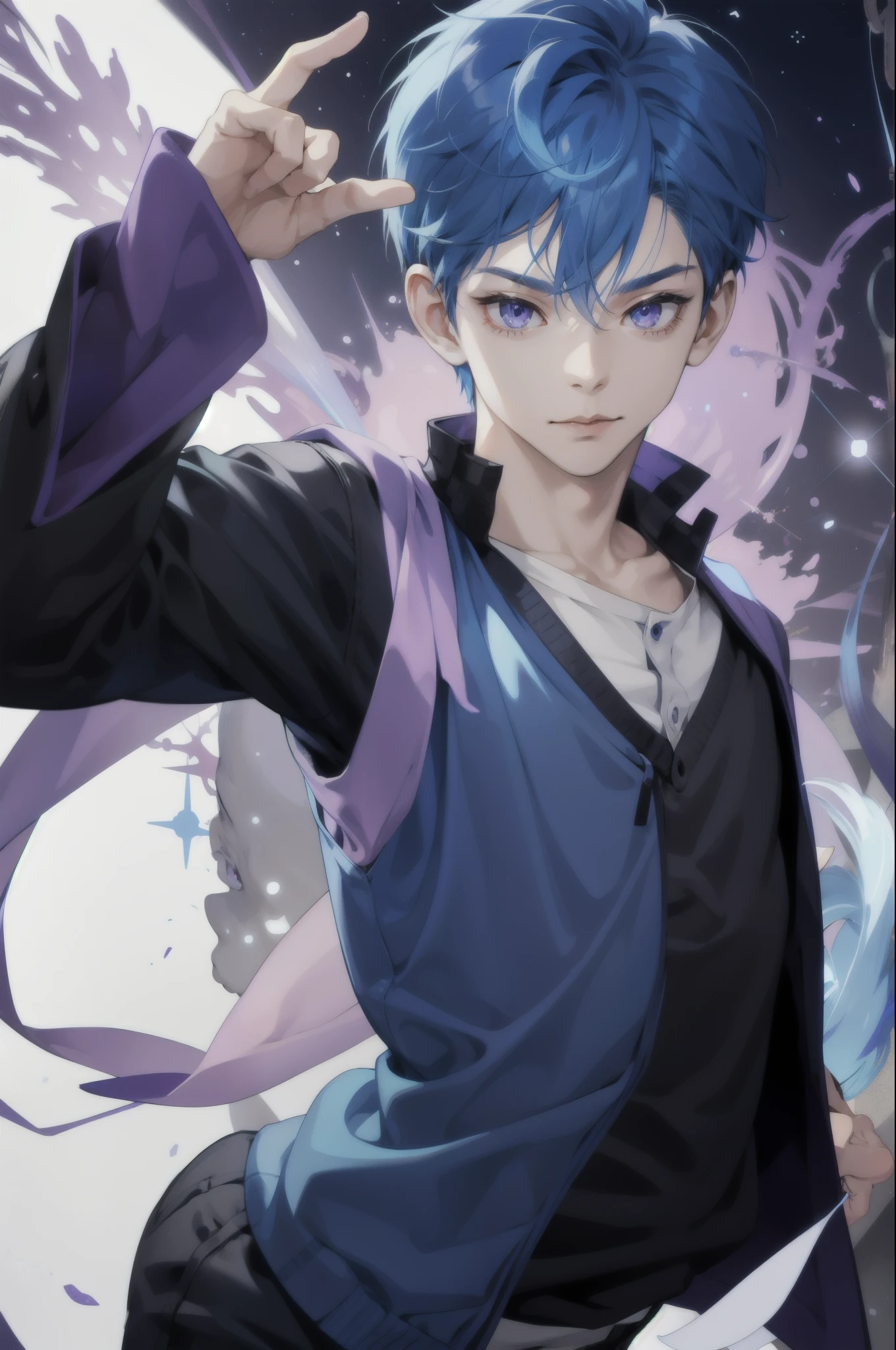 A   with blue hair and purple eyes is using magic powers.undefined, undefined, undefined, undefined, 