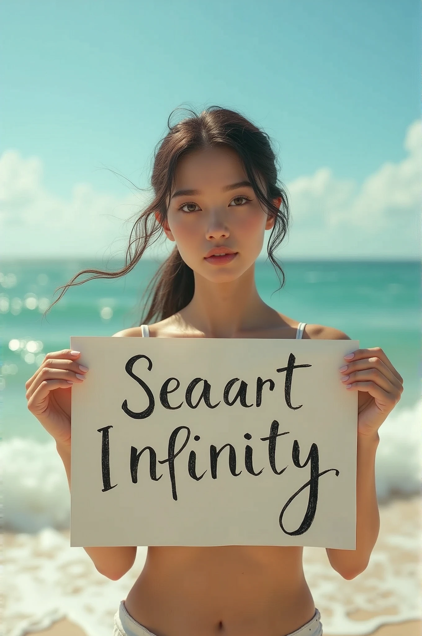 Hyperrealism,A girl holds up a sign that says I Love Seaart Infinity,Standing by the sea,Movie-quality images,Sunlight,Waves,Beach