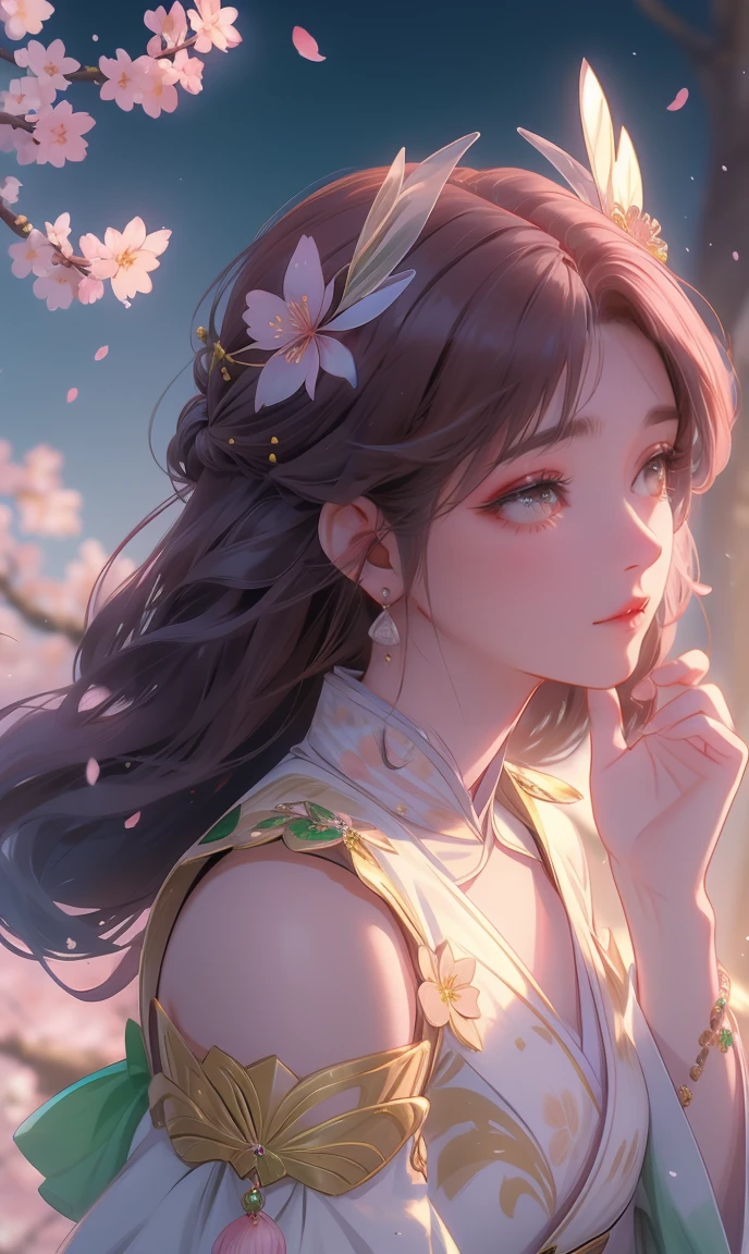 (,1 Girl, Throw,best quality,masterpiece, ) ,(((Cherry blossoms,, ))) Ultra-realistic 8k CG, Flawless, Clean, masterpiece, Professional artwork, Famous Artworks, Movie Lighting, Movie Bloom, Perfect face, Pretty Face, fantasy, Like a dream, illusory, Science fiction, luxurious, Jewelry, diamond, Kaneko, pearl, gem, 蓝gem, 红gem, emerald, Intricate details, delicate patterned, charming, Tempting, Tempting的, , enchanting, Hair accessories, necklace, earrings, bracelet, armband,Halo,Autumn leaves,