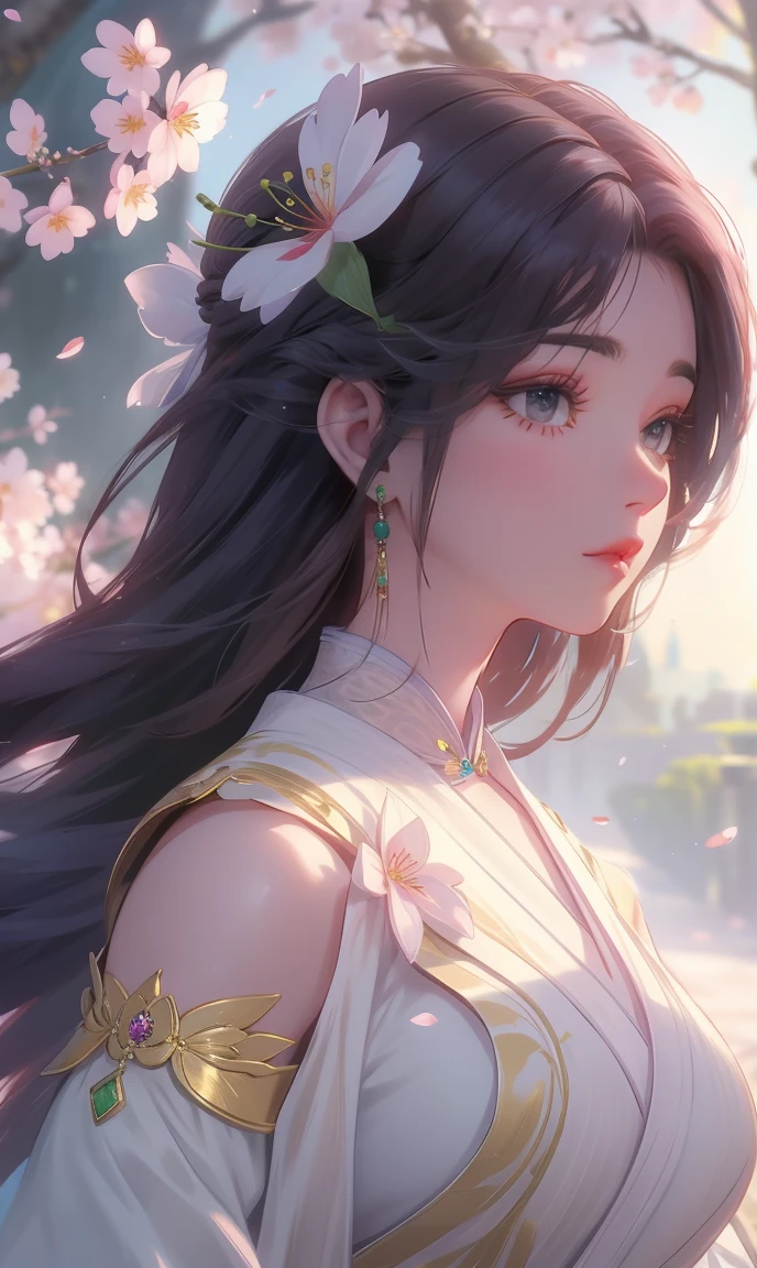 (,1 Girl, Throw,best quality,masterpiece, ) ,(((Cherry blossoms,, ))) Ultra-realistic 8k CG, Flawless, Clean, masterpiece, Professional artwork, Famous Artworks, Movie Lighting, Movie Bloom, Perfect face, Pretty Face, fantasy, Like a dream, illusory, Science fiction, luxurious, Jewelry, diamond, Kaneko, pearl, gem, 蓝gem, 红gem, emerald, Intricate details, delicate patterned, charming, Tempting, Tempting的, , enchanting, Hair accessories, necklace, earrings, bracelet, armband,Halo,Autumn leaves,