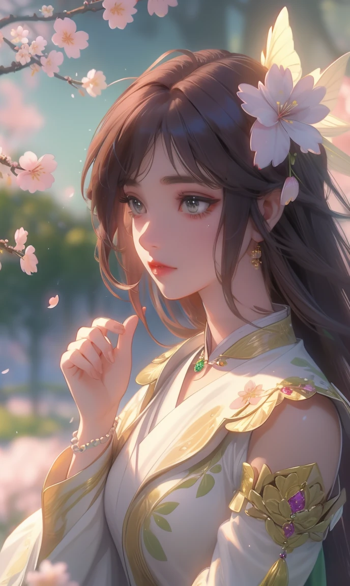 (,1 Girl, Throw,best quality,masterpiece, ) ,(((Cherry blossoms,, ))) Ultra-realistic 8k CG, Flawless, Clean, masterpiece, Professional artwork, Famous Artworks, Movie Lighting, Movie Bloom, Perfect face, Pretty Face, fantasy, Like a dream, illusory, Science fiction, luxurious, Jewelry, diamond, Kaneko, pearl, gem, 蓝gem, 红gem, emerald, Intricate details, delicate patterned, charming, Tempting, Tempting的, , enchanting, Hair accessories, necklace, earrings, bracelet, armband,Halo,Autumn leaves,