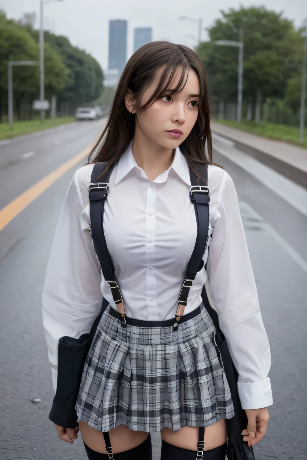 1 female, , high quality, masterpiece, Ultra-high resolution, Cinema Lighting, 1 female, , high quality, masterpiece, Ultra-high resolution, , Cinema Lighting, suspenders Moderate breasts Small face Looking up Sweat Thin belt buzzer 脇Sweat Garter belt Belt on pants holster Hands behind your back Looking up Anxious face Knee-high Knee socks Knee-highソックス garter ふとももにGarter belt Checkered mini skirt Panty shot Skirt gap Armament holster holster Hands behind your back Anxious expression Anxious face, legs apart Armament Leg holster holster See-through clothing heavy rain Rain-soaked dress shirt,