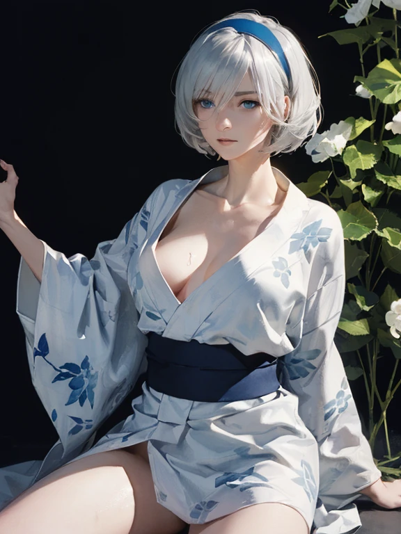 {erotic face,anguish,(patience:1.1),(very ecstasy:1.2),(writhing:1.4),embarrassing,half open eye},{(blue eyes:1.4),(sensual look:1.4)},BREAK,{(obscene pose:1.2),(arched back:1.2),(arch one's head:1.4)},BREAK,{(realistic photo graphic style:1.4),(watercolor image:1.4),sketch,overall light color},{(simple configuration:1.1),(look away:1.2)},{(simple light_blue background:1.4),(Variegated_ivy crawl on the wall:1.4),(cast a shadow on the background:1.4)},BREAK,{(colorful large floral pattern on pearl_colored yukata:1.4),(disheveled yukata:1.4)},BREAK,{(clavicle:1.2),(cleavage ween breasts:1),(shoulder:1.2),(thigh:1.4),(armpits:1),(sweat on the neck:1.2),Fascinating nape},BREAK,{(solo, YoRHa type of Nier Automa):1.2, (white_silver colored hair:1.4), short cut hair, (blue eyes:1.4),(black colored hairband:1.2)},BREAK,{(masterpiece,best quality, 8K UHD, extremely detailed CG, detailed beautiful face and eyes and skin and hair)}