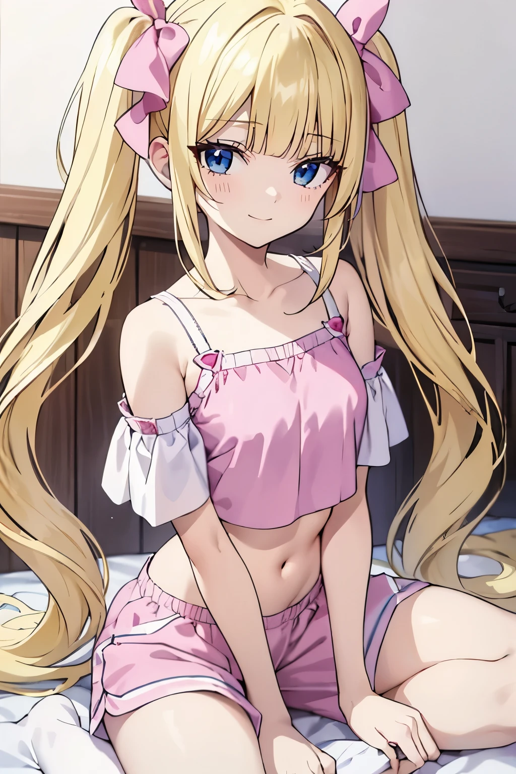 masterpiece, solo girl, (young female body:1.4), (small breasts), cowboy shot, flustered, yellow golden hair, extra gold long hair, thick wavy hair, hime cut, blunt bangs, crystal blue eyes, light blue detailed eyes, bedroom background, pink pyjamas, socks, pink pyjama pants, short sleeping shorts, white tank top, short oversized blue top, white heart crop top, short sleeves, wavy curly voluminous twintails, huge twin tails, voluminous curly hair, butterfly sitting, crossed legs, heart symbol, pink ribbon