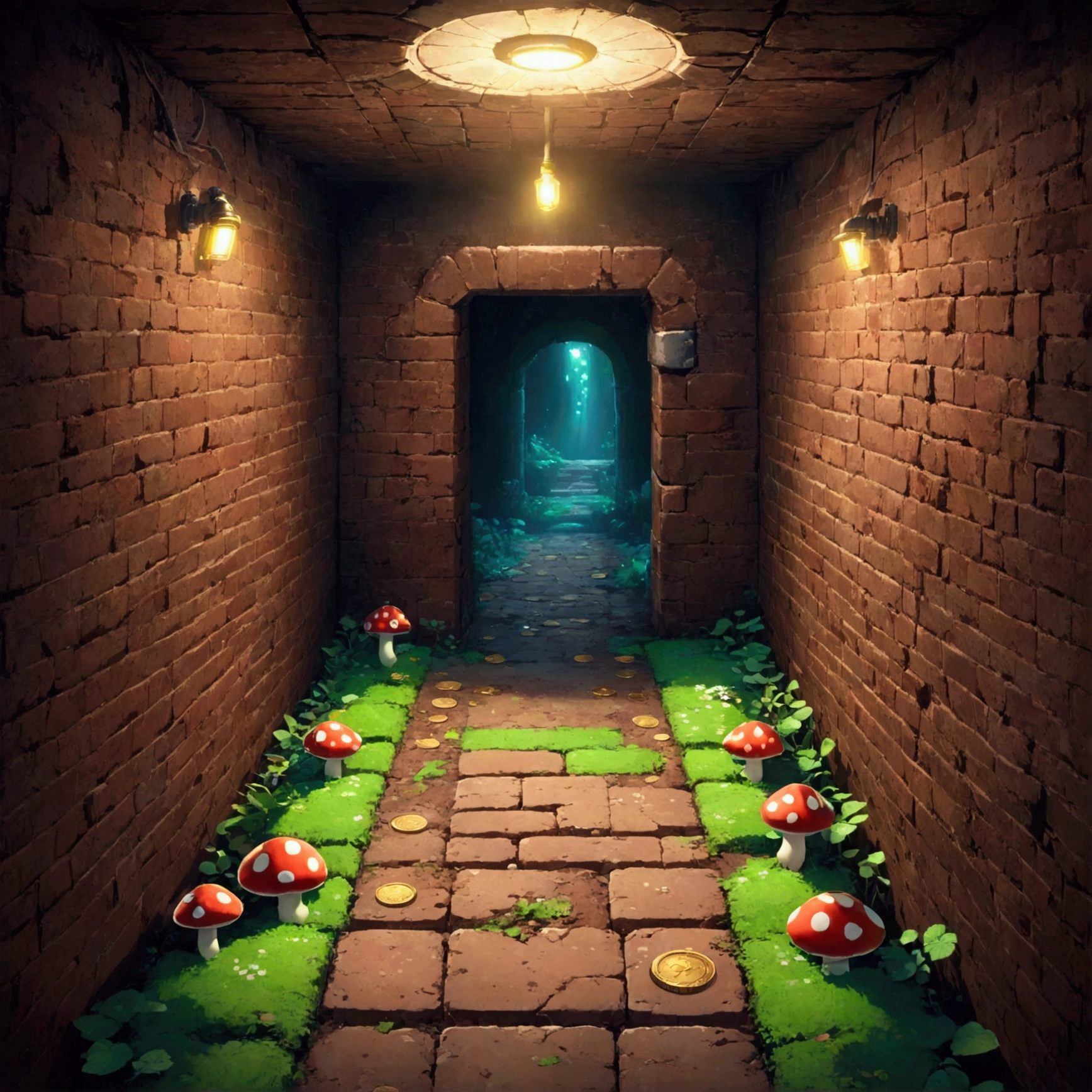 Dimly、Somehow cool、Underground Passage from the Mario series。The brown brick walkway、Place々Green soil pipes are placed in the、From the ceiling、Brick blocks filled with coins are lined up in a regular pattern.。On the floor、Appears when you defeat an enemy character、Stars and mushrooms are placed while flashing.、Invite players to the next stage。In the back、Continue to an unseen stage、A mysterious door appears。Beautiful game scenery, pixel art, retro games, Mario, Underground Passage, Soil pipes, brick block, coin, star, mushroom, The Mysterious Door