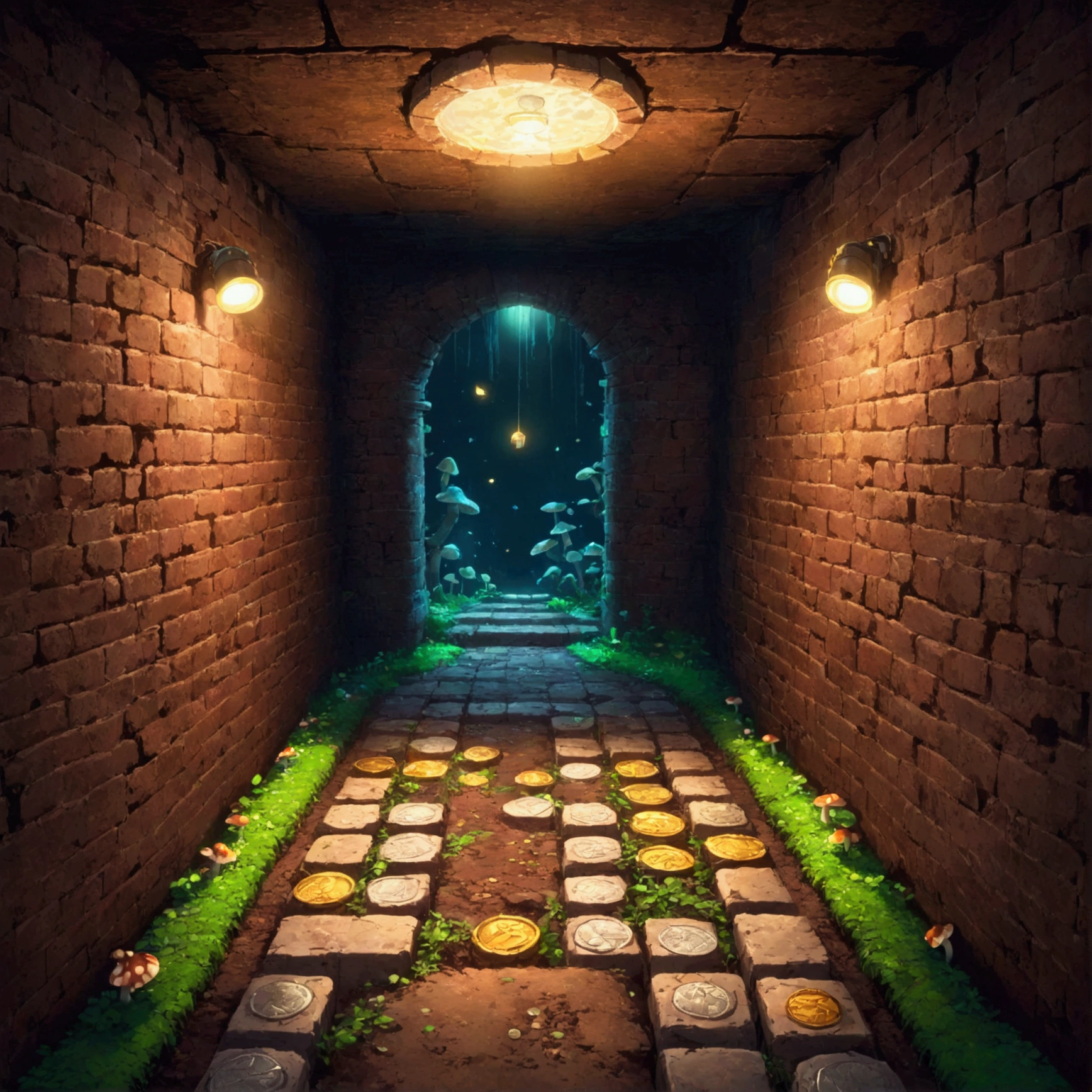 Dimly、Somehow cool、Underground Passage from the Mario series。The brown brick walkway、Place々Green soil pipes are placed in the、From the ceiling、Brick blocks filled with coins are lined up in a regular pattern.。On the floor、Appears when you defeat an enemy character、Stars and mushrooms are placed while flashing.、Invite players to the next stage。In the back、Continue to an unseen stage、A mysterious door appears。Beautiful game scenery, pixel art, retro games, Mario, Underground Passage, Soil pipes, brick block, coin, star, mushroom, The Mysterious Door