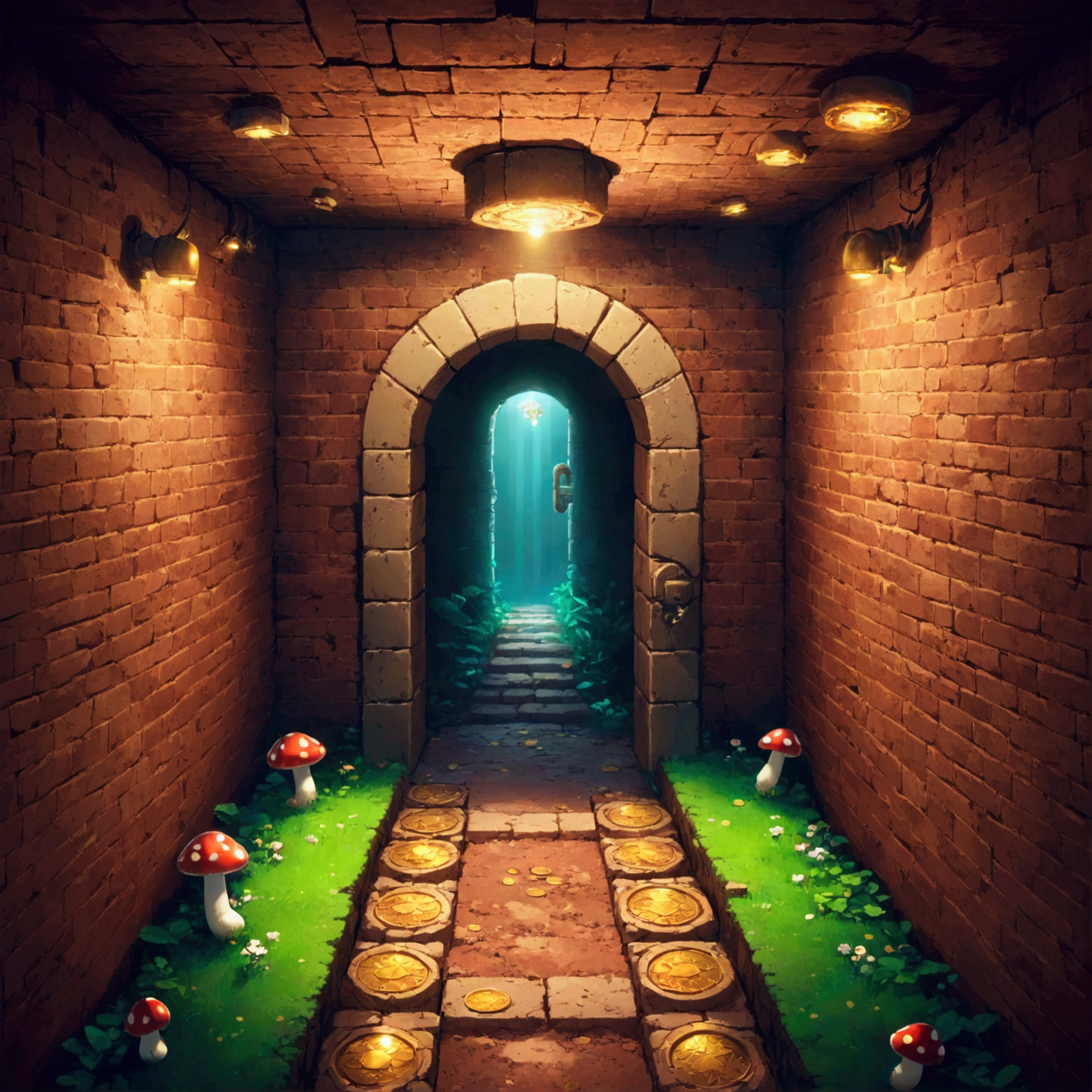 Dimly、Somehow cool、Underground Passage from the Mario series。The brown brick walkway、Place々Green soil pipes are placed in the、From the ceiling、Brick blocks filled with coins are lined up in a regular pattern.。On the floor、Appears when you defeat an enemy character、Stars and mushrooms are placed while flashing.、Invite players to the next stage。In the back、Continue to an unseen stage、A mysterious door appears。Beautiful game scenery, pixel art, retro games, Mario, Underground Passage, Soil pipes, brick block, coin, star, mushroom, The Mysterious Door