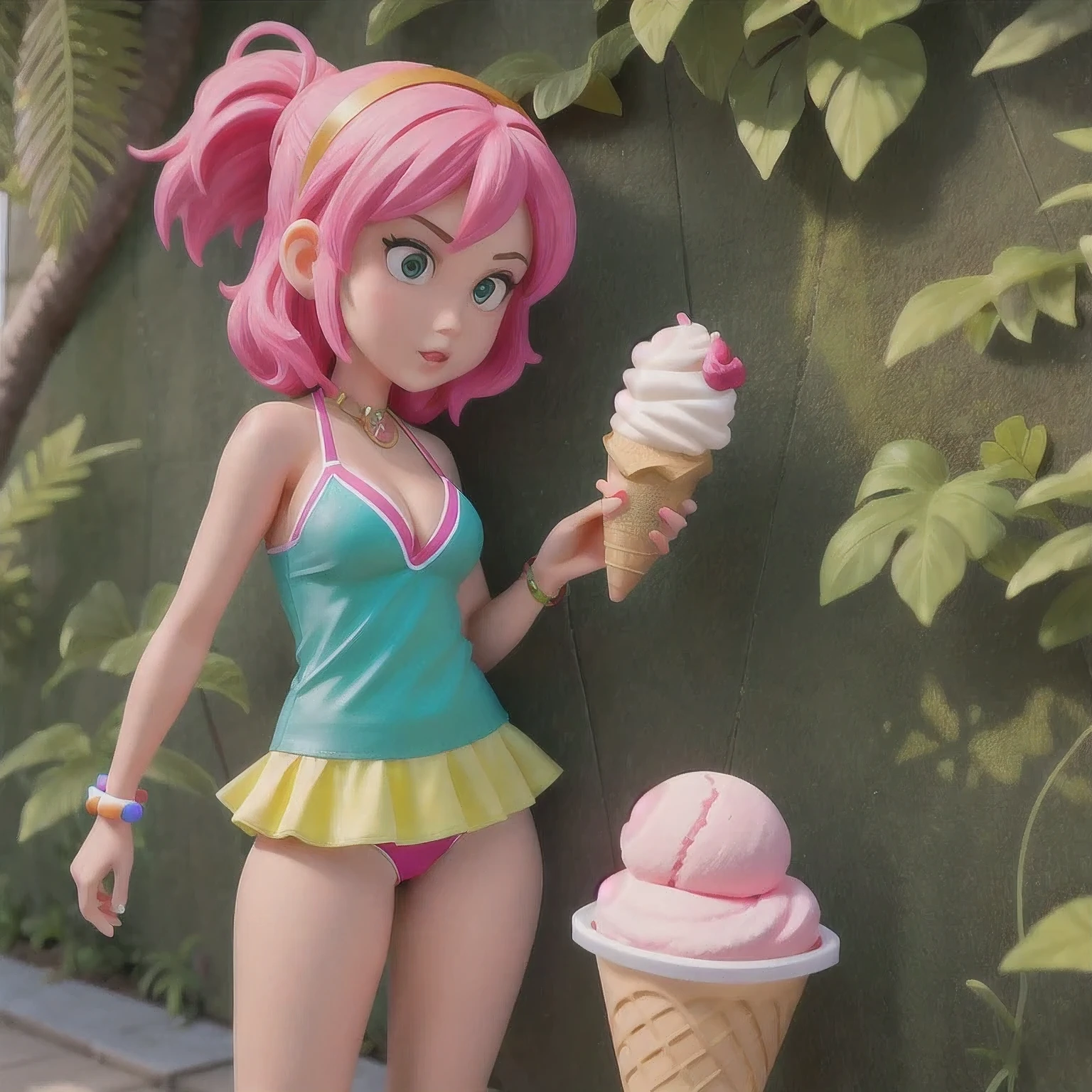 girl in a bikini eating an ice cream cone, eating ice cream, in a bikini, angela white, giorgia meloni, katy perry, in bikini, eating ice - cream, wearing spandex bikini, ice cream on the side, bikini, ice cream, wearing a bikini, candid photo of dirty, shiny plastic bikini, candid shot, cone, 1 girl, solo,in a green dress standing by a wall,portrait of female idol