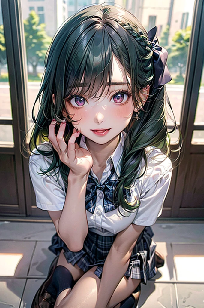 (masterpiece:1.3, Highest quality, Ultra-high resolution, Super detailed), (Realistic, photoRealistic:1.4), Beautiful illustrations, Perfect lighting, Natural light, colorful, Depth of written boundary, Surrealism, Beautiful detailed hair, Beautifully detailed face, Beautiful attention to detail, Beautiful clavicle, Beautiful body, Beautiful breasts, Beautiful thighs, Beautiful feet, Beautiful fingers, Glowing Skin, Black Skin Viewing Viewers, 1 girl, Japanese, high school girl, (Perfect Anatomy, Anatomically correct, Highly detailed skin), Cute and symmetrical face, Baby Face, Perfect Face, Perfect Eyes, Perfect Fingers, (Mid-length hair:1.6, Straight hair:1.2, Long Side Lock, Green Hair), Braided bangs, Purple eyes, Big eyes, Long eyelashes, (Ample breasts, Captivating thighs), thin, Excellent style, ((Detailed cloth texture, break, break, White collared shirt, break, Grey plaid pleated skirt, break, Dark blue bow tie), break, Navy Blue School Socks, Black Loafers), (Beautiful views), (School entrance), elegant, (Cute smile, Small with open mouth), ((Green dyed hair))