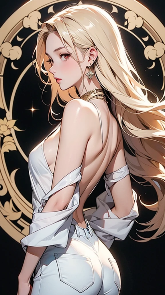 Detailed illustration in anime style. Young woman with long flowing platinum blonde hair. Intense and seductive expression with piercing red eyes. Slightly flushed cheeks. She wears an elegant, form-fitting white outfit with an intricate golden Art Nouveau pattern. A backless top and high-waisted pants, her body is posed in profile, looking over her shoulder. She has a glossy butt, and large red earrings. Overall, the look is fierce and elegant, with a strong emphasis on the intricate details and glittering elements of the clothing.