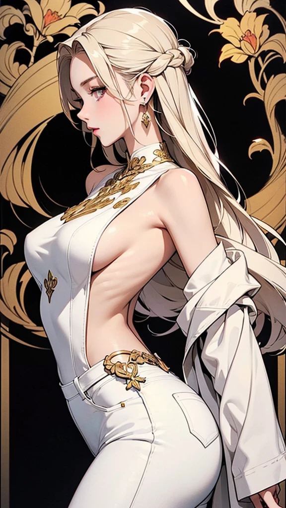 Detailed illustration in anime style. Young woman with long flowing platinum blonde hair. Intense and seductive expression with piercing red eyes. Slightly flushed cheeks. She wears an elegant, form-fitting white outfit with an intricate golden Art Nouveau pattern. A backless top and high-waisted pants, her body is posed in profile, looking over her shoulder. She has a glossy butt, and large red earrings. Overall, the look is fierce and elegant, with a strong emphasis on the intricate details and glittering elements of the clothing.