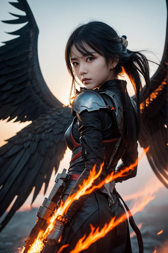 A beautiful Japanese girl stands against a battlefield-like background、Spreading black wings。Her face is full of strength and determination.、Long black hair fluttering in the wind。
The background is a barren land and a raging flame.、It reminds me of scenes of war and destruction.。The contrast between the grey sky and the flames is very dramatic.、It adds tension to the whole scene.。
She is wearing a light black outfit、Decorated with torn fabric and metal。The costume shows signs of battle.、It&#39;s a realistic depiction of mud and blood.。The boots and arm guards were also damaged.、It exudes a warrior vibe.。
She is posing powerfully,、The gaze is fixed straight ahead。Her outstretched wings further emphasize her majesty and strength.。
This photo was taken vertically、Placing the subject at the center emphasizes her presence.。The contrast between the flames in the background and her black wings is striking.、Light and shadow effects create a dramatic atmosphere。Using ultra-realistic live-action techniques、It is characterized by its attention to detail.。