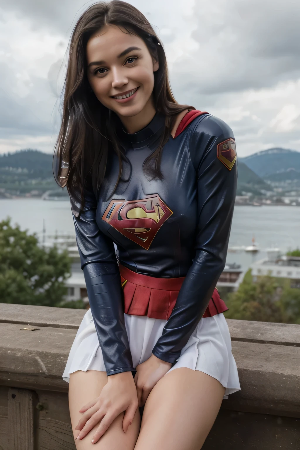 RAW, Best quality, high resolution, realistic, masterpiece: 1.3), Supergirl, black hair, perfect nose, perfect lips, perfect eyes, smiling, detail :1.2), supergirl in short red skirt, shinny blue skinsuit, full body image detail, watery eyes, RAW, Best quality, high resolution, masterpiece, duchenne smile, toothy smile, sitting high on the fence, spread legs wide open showing white lace panties, red skirt, show cameltoe, medium thick thigh, supergirl, outdoor Vancouver city, cloudy weather, full body picture.