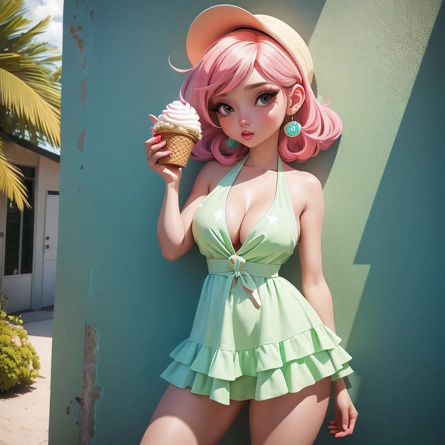 girl in a bikini eating an ice cream cone, eating ice cream, in a bikini, angela white, giorgia meloni, katy perry, in bikini, eating ice - cream, wearing spandex bikini, ice cream on the side, bikini, ice cream, wearing a bikini, candid photo of dirty, shiny plastic bikini, candid shot, cone, 1 girl, solo,in a green dress standing by a wall,portrait of female idol