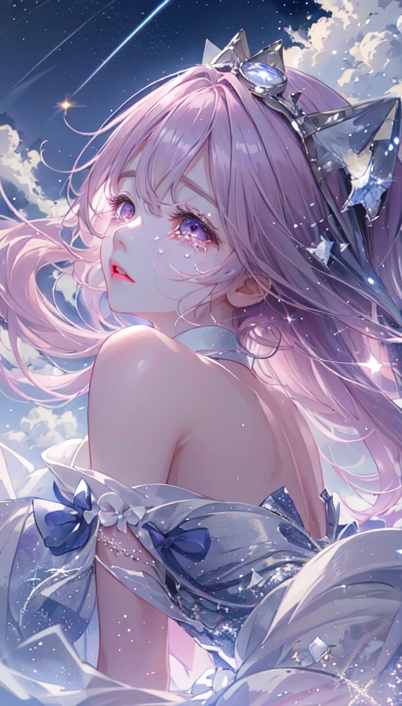 masterpiece, Highest quality, Movie stills, One girl, Floating in the sky, cloud girl, cloud, (close:1.1), , Soft lighting, Volumetric lighting, Sparkling, Sparkling, Swirl, Abstract, Expressive、tears、One girl, solo,Long Hair, Pink Hair、Sparkling、Pink eyes, Lens flare, Are crying、yukata、moonlight、Close your eyes and cry、Looking up at the sky