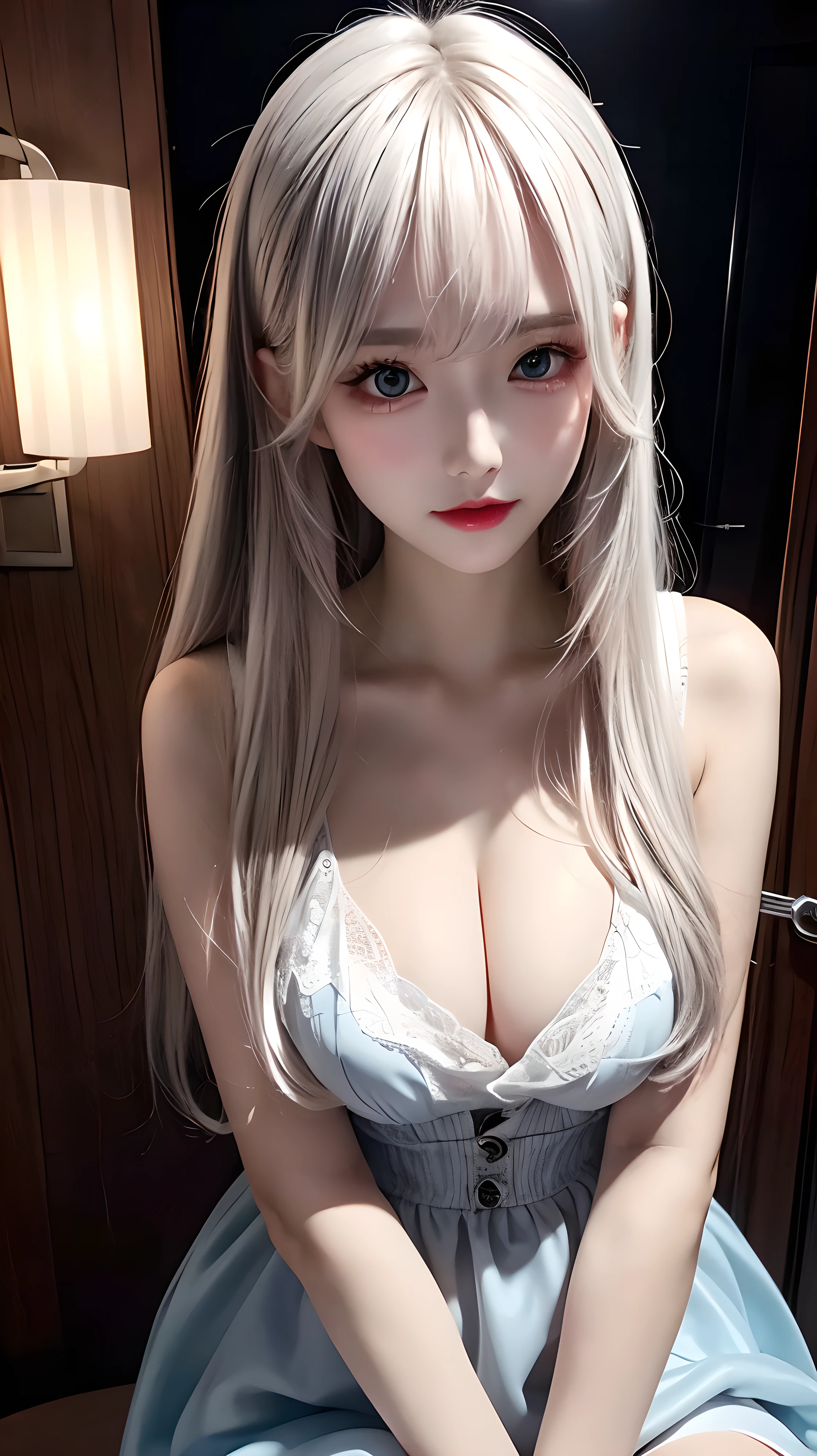 cleavage, Volumetric lighting、extra detailed face、1girl、dark、deep-shadows、lowkey、cowboy shot、(Formula service:1.4)、length hair、white hair