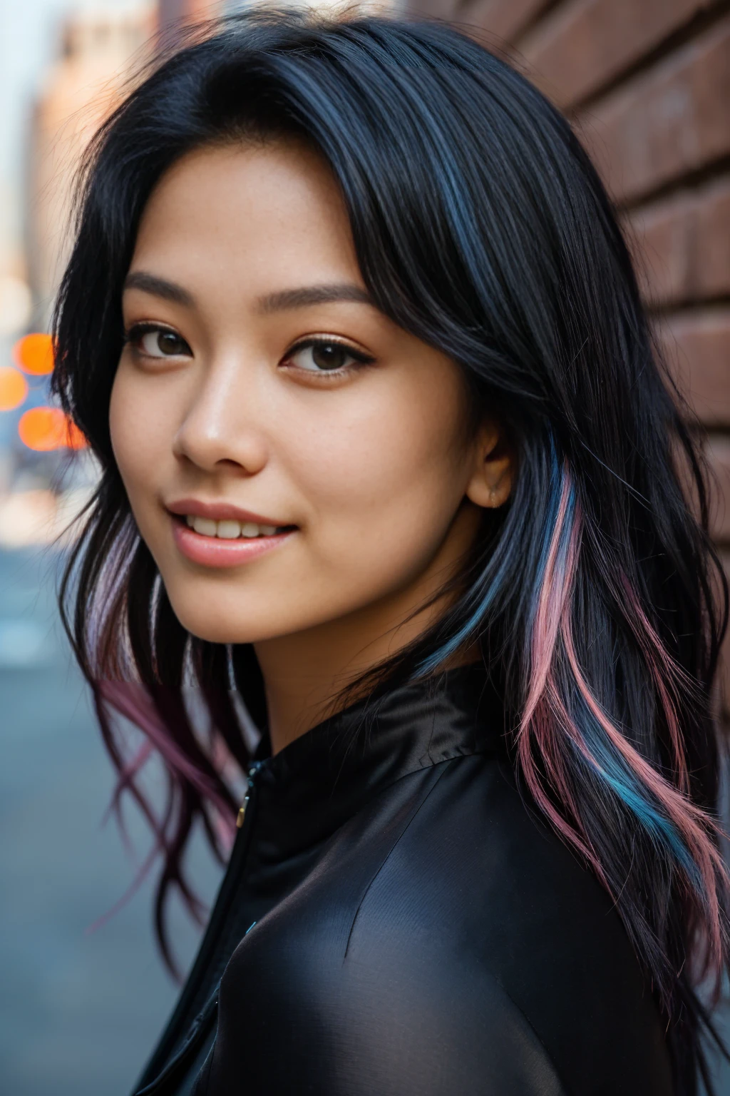 arafed woman with black hair , flowing pink hair, with black hair with blue highlights, photo of a beautiful woman, long flowing black hair, pink golden hour, curly black hair, beautiful young asian woman, beautiful asian woman, wild ginger hair, pink wispy hair, light black hair, a young asian woman, an asian woman, infp young woman, Portrait photo of a 24-year-old french girl in RAW UHD format (Black-eyed woman) Walk down the alley, day city, Details (textures! , Hair! , glistering, Color!! , imperfections: 1.1), highly detailed glossy eyes (looking at the camera), DSLR Lighting, SLR camera, Ultra-Quality, sharpness, Depth of field, Film grain (Downtown), Fujifilm XT3, Crystal clear, Frame Center, beatiful face, sharp-focus, neon lighting, bokeh (lit), day time, (open sky), detailed skin pores, oilly skin, suntan, Complex eye details, new york city, smiling, ((orange prison jump suit))