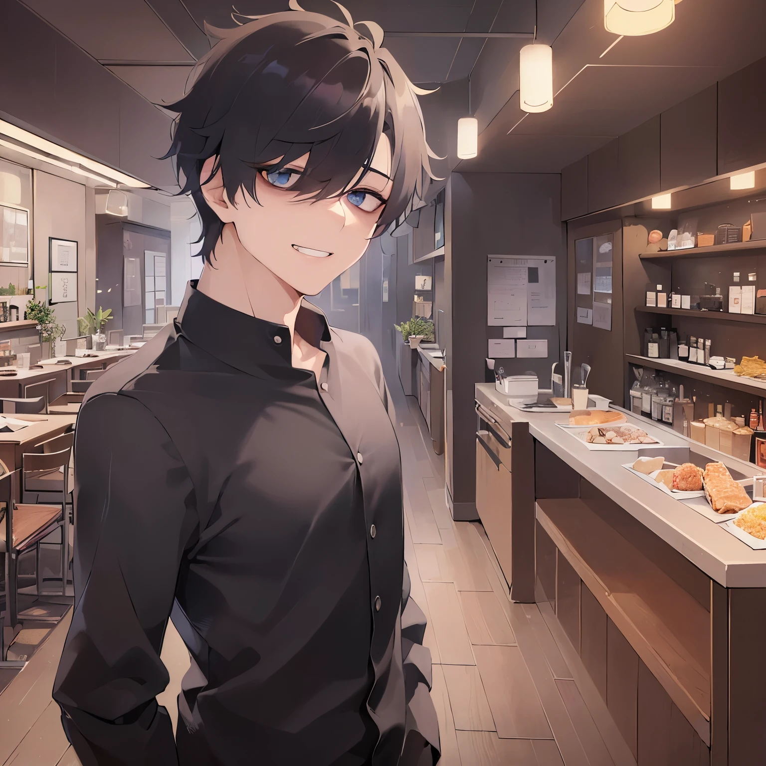 BREAK (25-year-old male:1.5) and (Brown short hair) and (Blue eyes) and (jitome) and (hair over one eye) BREAK, side angle, upper body、masterpiece、Highest quality、Black long sleeve shirt, Are standing、The background is the interior of a restaurant at night.、(scowl:1.5), (grin:1.2), Upper body is shown,(alone:1.5)