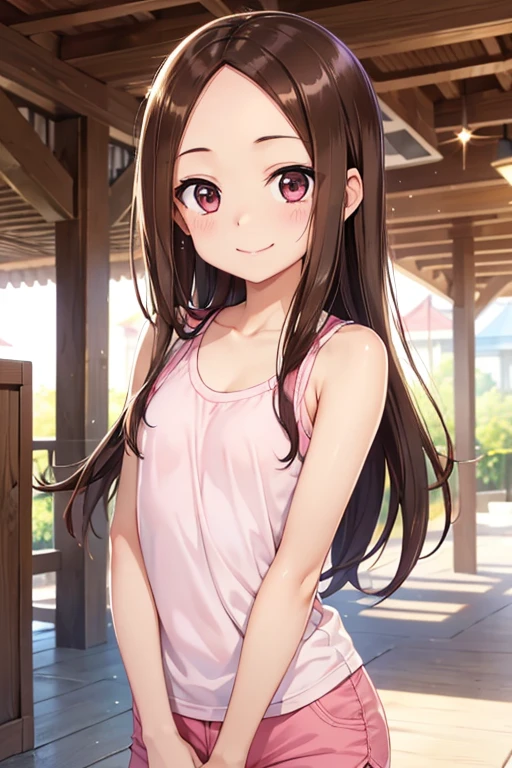 Takagi-san、Shiny brown hair, Straight Long Hair,((Medium chest、Forehead、Center part))、 Beautiful brown eyes、smile、Sparkling eyes, (fine grain)、Very fine eye、Highly detailed face, Highly detailed eyes, Cowboy Shot、
1girl、Long hair tied up with a hair clip, Pink Eyes、smile、I really like it、Pink Tank Top、hot pants、Upper body close-up、Morning Cafe Terrace、Background Blur, Written boundary depth