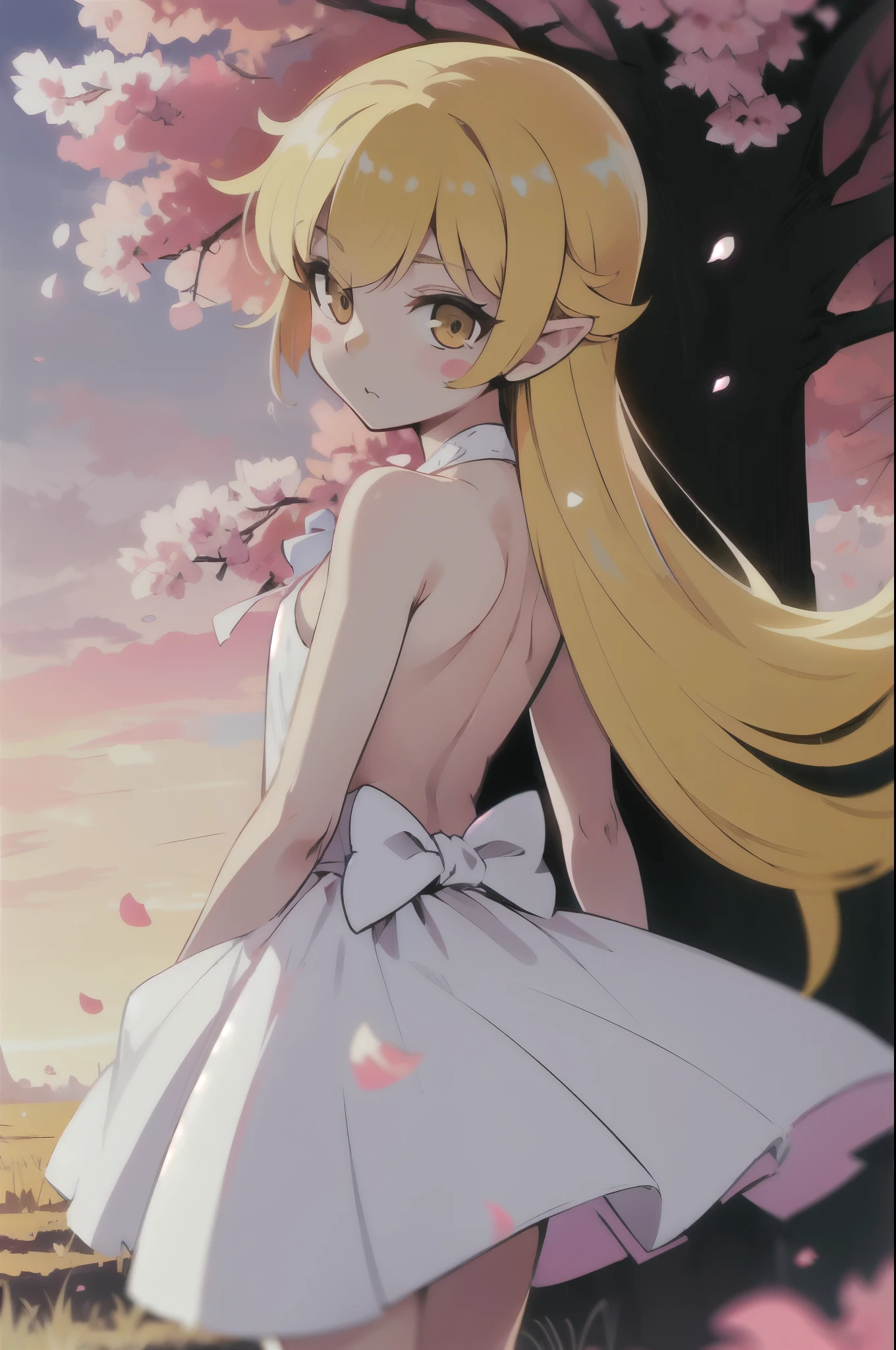 1girl, solo, female, (oshino_shinobu),(blonde) (blonde_hair), (yellow_hair), ((long_hair)), ((bangs)), (yellow_eyes), blush, cute, innocent face, pointy_ears, (blush_stickers), flat_chest,
dress, white_dress, bow, standing, looking_back
global illumination, hdri, subsurface scattering, masterpiece, 4k, raytrace, beautiful, sharp, smooth skin, bloom, anime
sunset, nature, windy, trees, flowers, sakura_petals