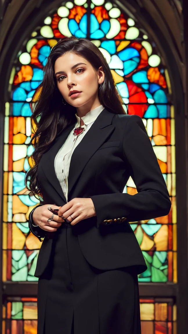 (((Best quality, 8k, Masterpiece: 1.3)), ((best quality)), ((masterpiece)), (detailed), perfect face, high resolution, ultra high res, (photorealistic:1.4), Textured skin, Vintage jacket suit, Woman with dark hair, long hair reaching down to her waist, She is wearing a red ruby ​​ring on her right ring finger, Turn away, Background (stained glass, church)