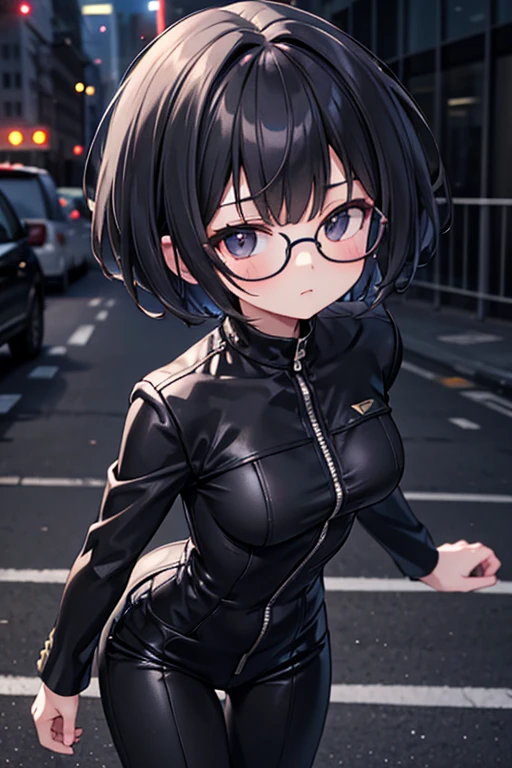 AGENT,black men's suits,ネクタイ,black sunglass,masterpiece,best quality,super detailed,super fine illustration,dynamic angle,extremely detailed,highres,8k,(small breasts),cute,kawaii,1girl,black hair,,short hair,standing,black eyes,(in city background),BREAK she is running forward for viewer,