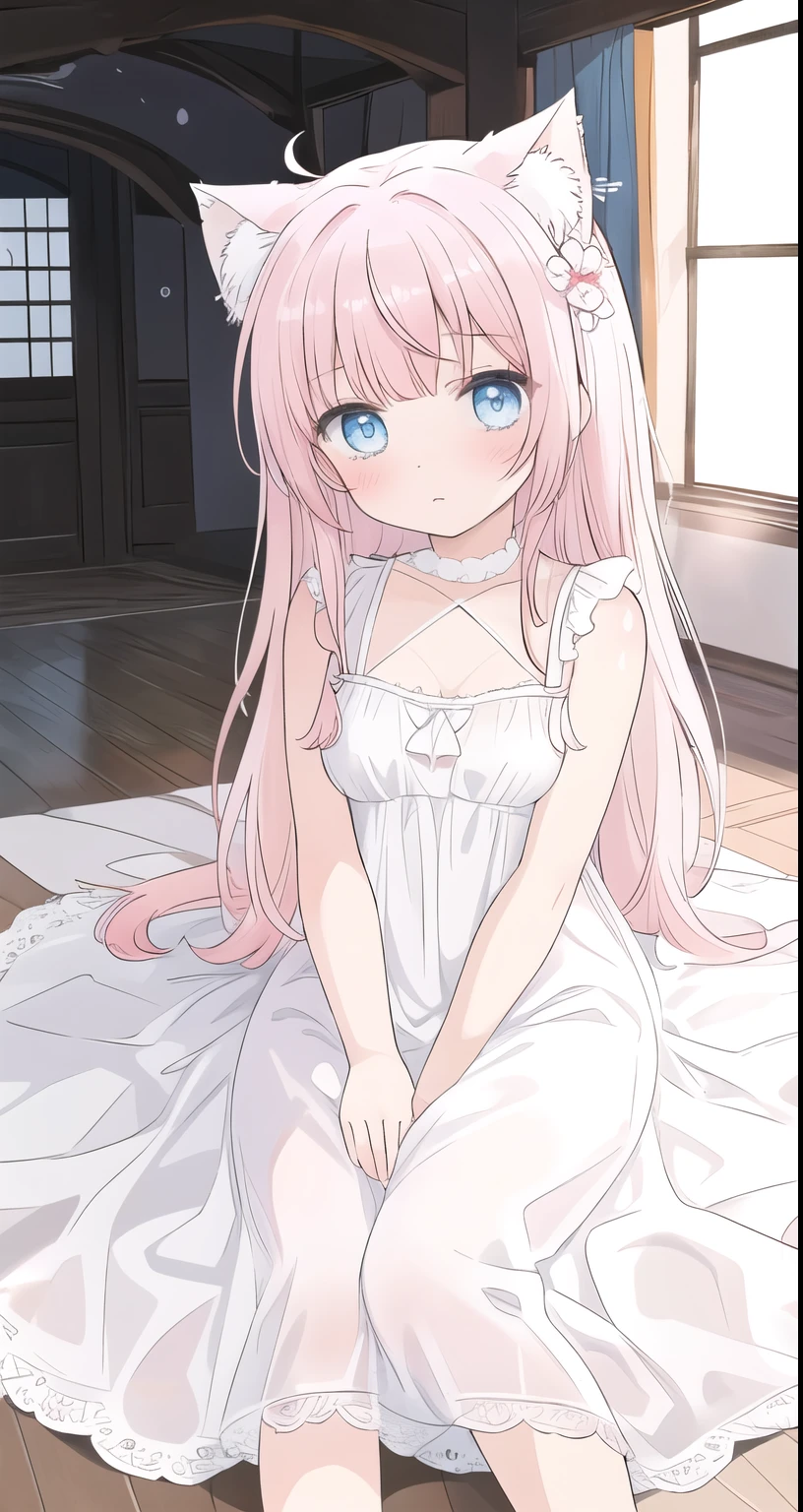 masterpiece, best quality，indoor,A girl,Pink Hair,Long hair,sit,blue eyes,White dress long dress,White stockings,roof，Cat ear，Lace，White shorts，