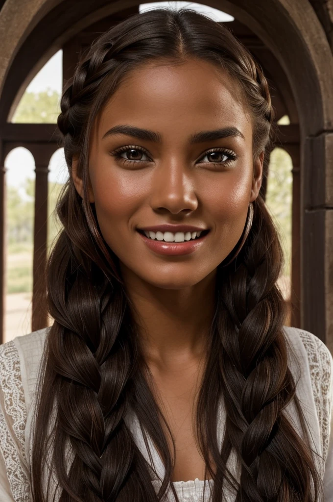 "Maria hid her eyes from me; but I was able to admire in them the brilliance and beauty of the women of their race.; Her red, moist lips showed me for just a moment the symmetrical arch of her beautiful teeth.. I was wearing, like my sisters, abundant dark brown hair arranged in a braid.