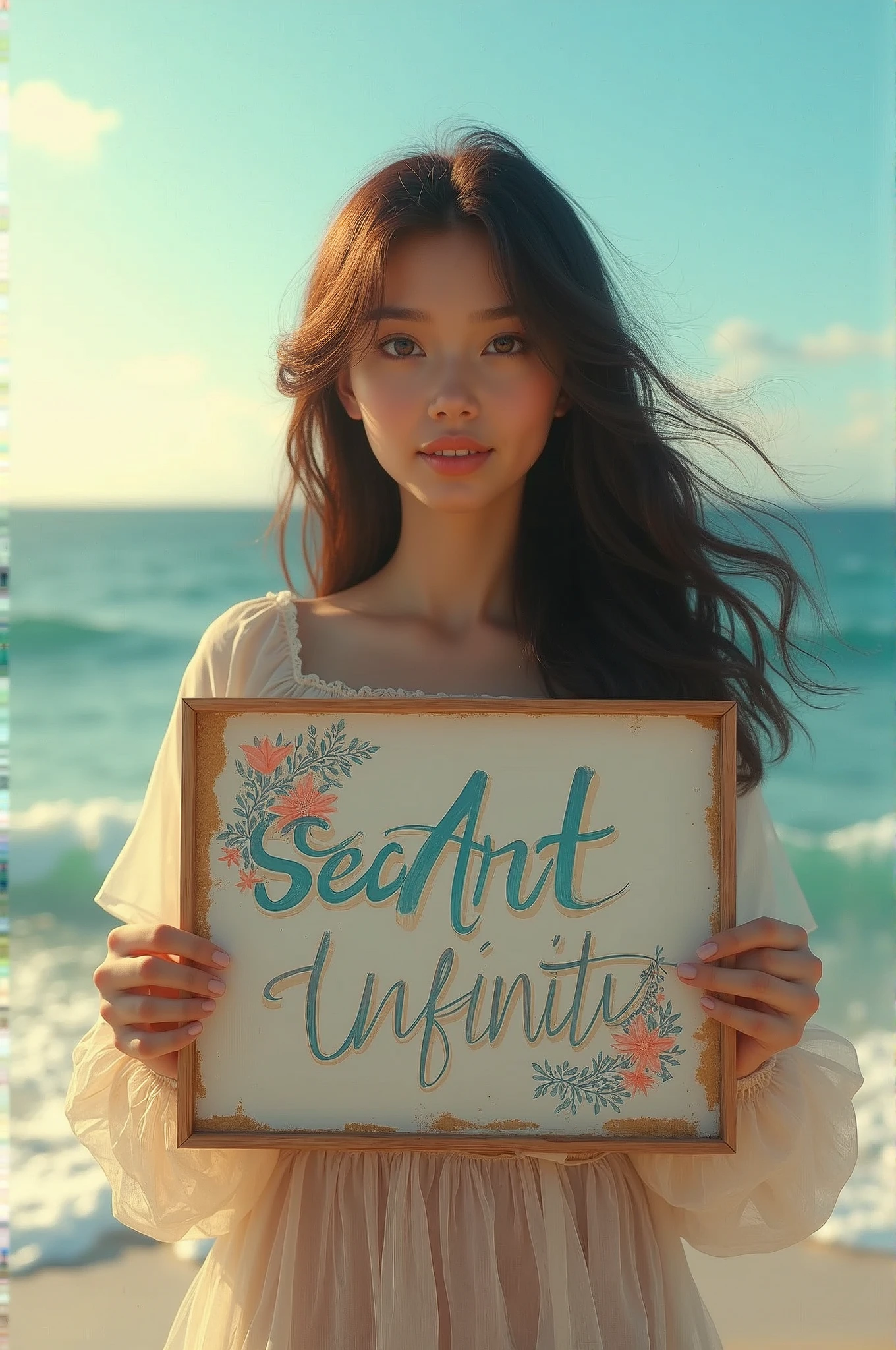 Hyperrealism，A girl holds up a sign that says I Love Seaart Infinity，Standing by the sea，Movie-quality images，Sunlight，Waves，Beach